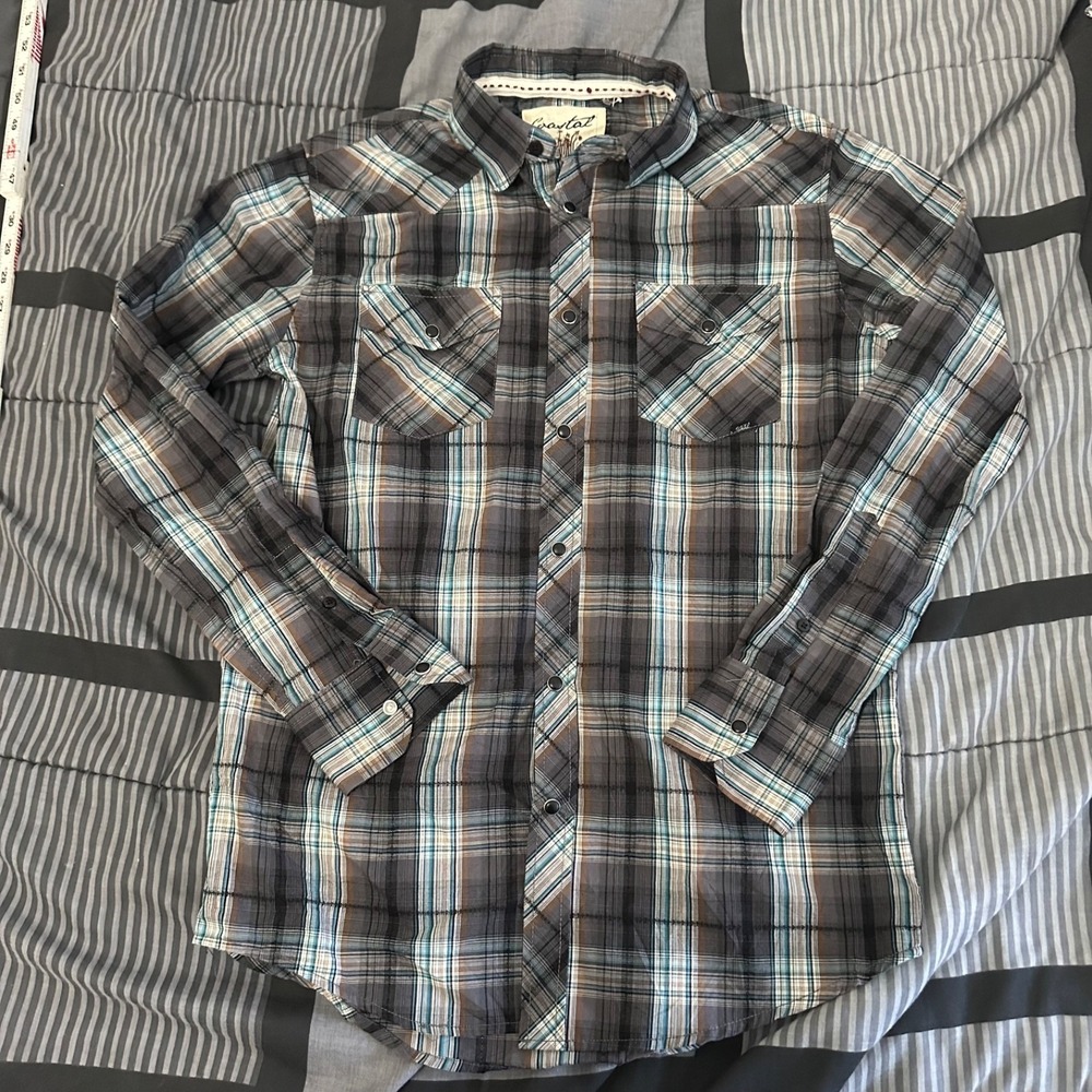 Coastal Shirt Mens Small Blue Gray Plaid Western Pearl Snap Long Sleeve Cotton